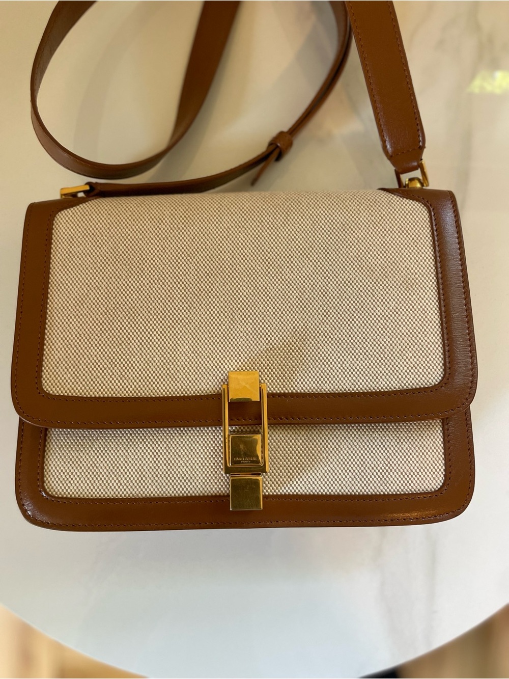 Saint Laurent Carré Canvas Satchel Crossbody Bag – Beige Canvas & Cognac Leather - Picture 3 of 11